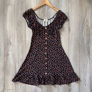 Derek Heart Rose Floral Button Black Mini Dress Womens Small Grunge Babydoll 90s